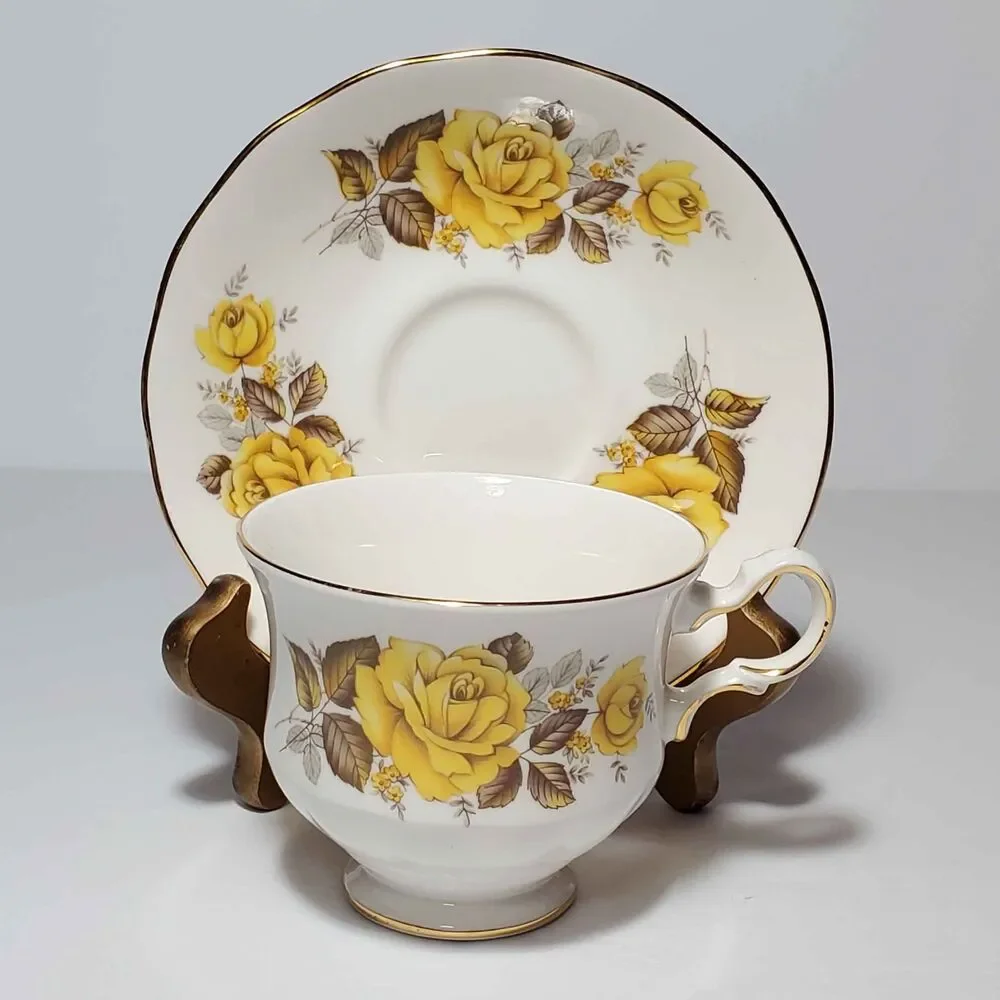 Queen Anne Teacup and Saucer Yellow Roses Vintage